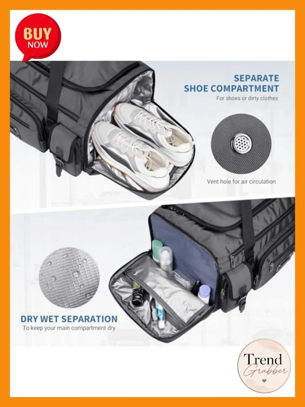 Men's 54L Large Travel Duffel Bag Water-Resistant Nylon with Shoe Compartment,
